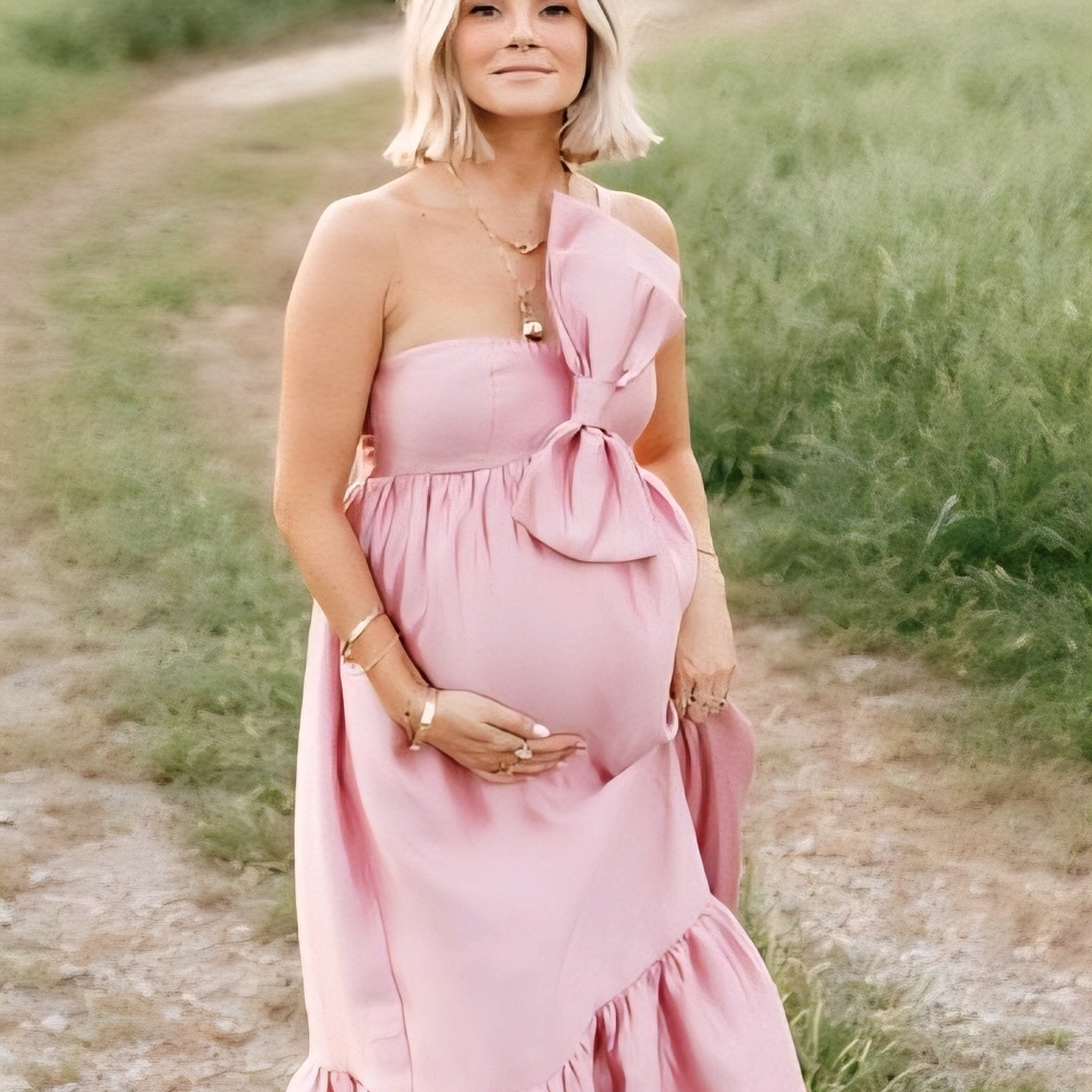 One-Shoulder Pink Maternity Dress with Bow